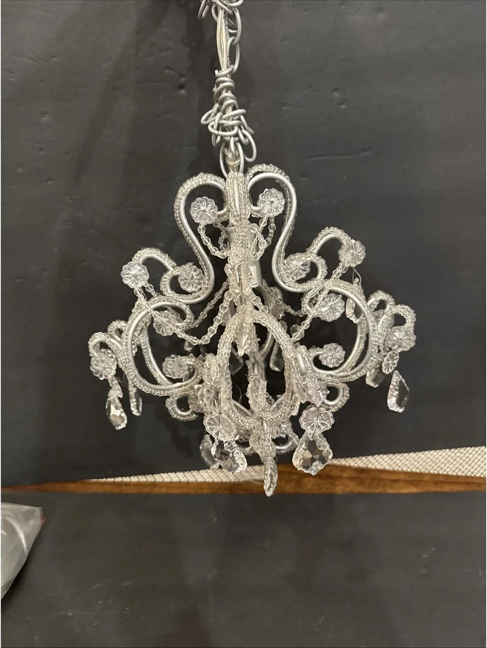 New Clear Beaded Crystal 1-Lt Chandelier W Swag Silver Hardware 11” H By 8.5” W